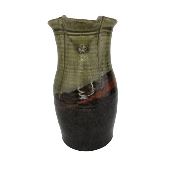 Vintage Pottery Pitcher Vessel Glaze Brown Olive Green Black Coffee Tea Handmade - Picture 2 of 8